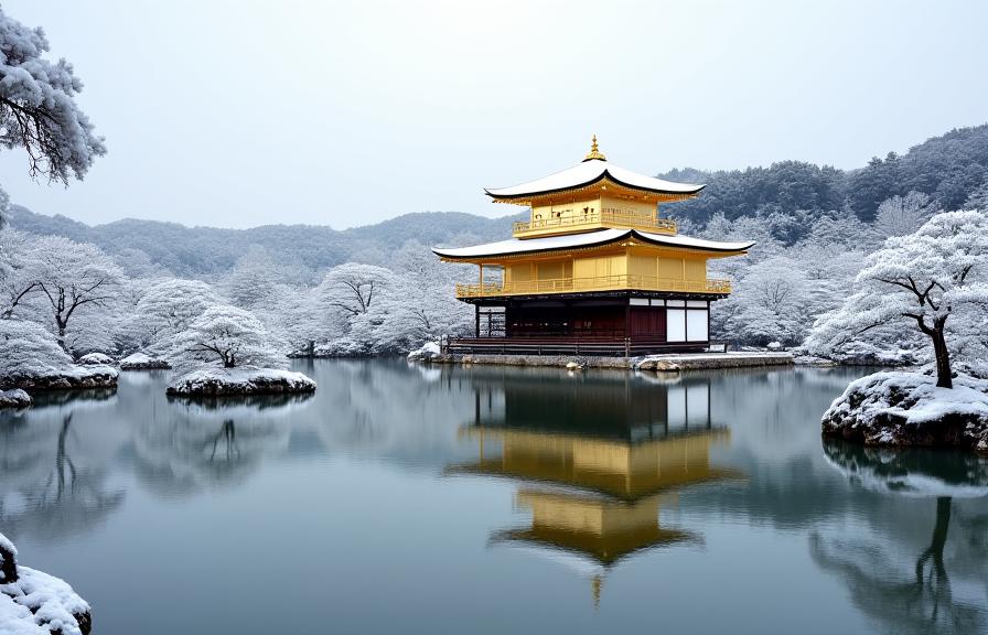 雪景色の中の金閣寺